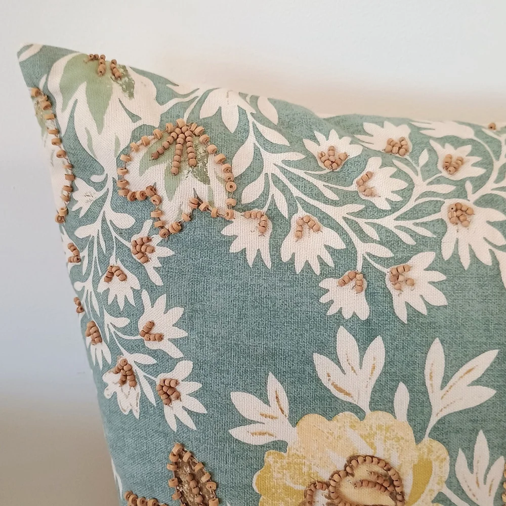 Pottery Barn 18x18 Throw Pillow Wood Beads Leaves Floral Blue Cream Down Feather